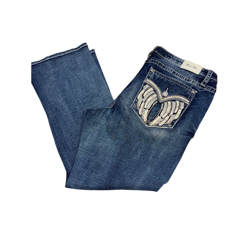 Miss Me Curvy Boot blue denim jeans 38x30 Angel Wings